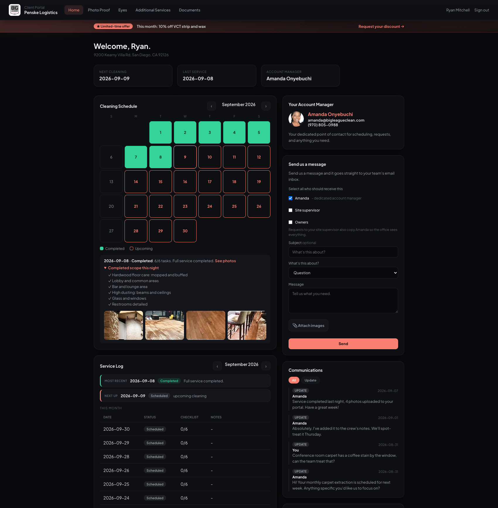 The Big League Clean client portal: cleaning schedule, service log with photo proof, dedicated account manager, and a live communications thread